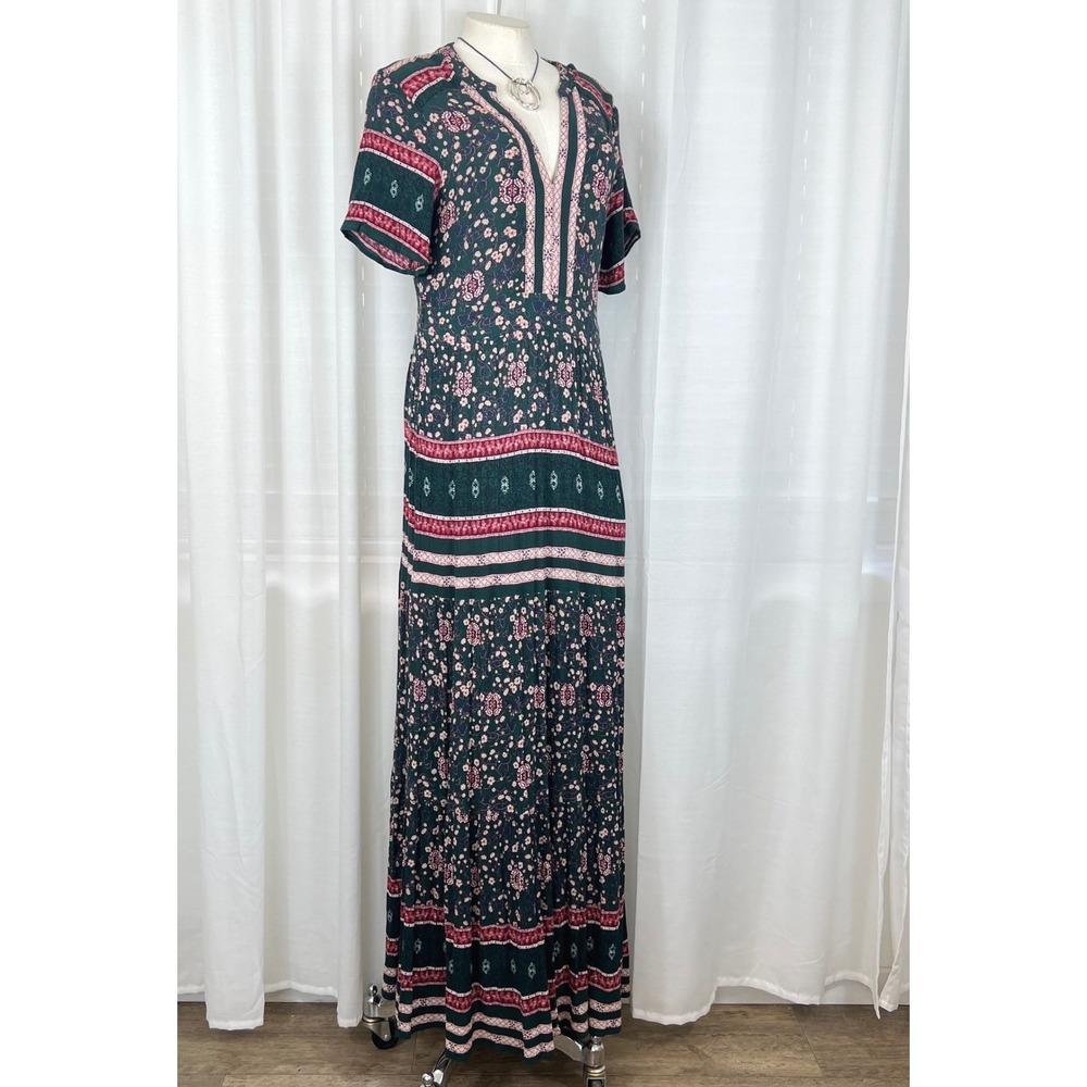 Knox Rose Boho Floral Border Print Maxi Dress Womens Large Cottage core Peasant